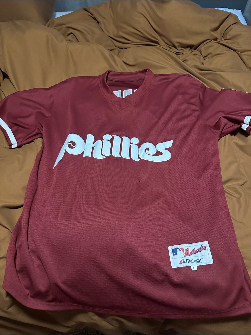 Majestic Phillies Men's Maroon Baseball Jersey with White Script